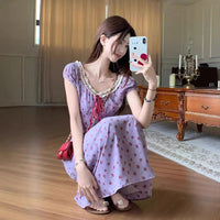 French-style Retro Lace V-neck Purple Floral Dress For Women