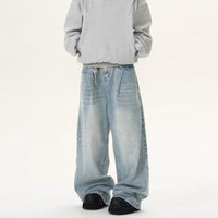 Retro Side Double Oblique Pleated Washed Blue Jeans For Men And Women