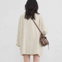 Color-block Vertical-striped Raglan-sleeve Loose-fit Shirt