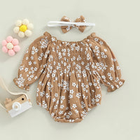 New Floral Jumpsuit Off-shoulder Kids' Rompers Headscarf Two-piece Pink Camel