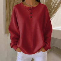 Ins Waffle Long-sleeved T-shirt Fashion Solid Color Buttons Round Neck Pullover Top Women's Clothing