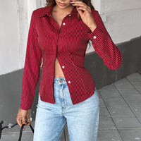 Holiday Casual Style Polo Collar Stripes Shirt Women's Clothing