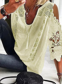 Women's U-Neck Embroidered Cotton Hollow-Out Tassel Top T-Shirt