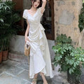 Women's White V Neck Lace Up Short Sleeve Dress
