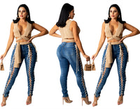 Eyelet Drawstring Elastic Sexy Slim Denim Trousers