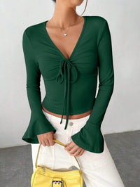 Womens Autumn City-style Blouse With A Notched Collar And Self-tie Cuffs