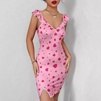 V-neck Elegant Dress With Heart Print