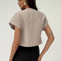 Wide-shoulder Waist-cinching Irregular Hem V-neck Slimming Sleeved Top