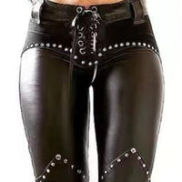 New Women's Riveted PU Leather Pants Solid Casual
