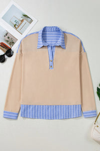 Oversized Striped Knit Turtleneck Top With Parchment Color And Contrast Trim