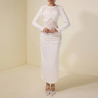 Womens Round-Neck White Lace-Patchwork Ruffled Long Dress