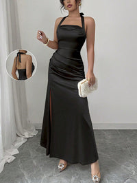 Neck-hanging Backless High-waisted Silk Slip Dress With A Slit And No Sleeves