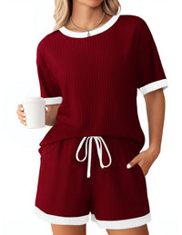 Solid-color Ribbed Patchwork Color-block Pajama Short-sleeve Loungewear Set