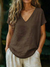 Women's Cotton-Linen Short-Sleeve V-Neck Pullover Top