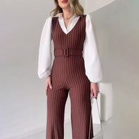 Color Contrast Patchwork Fashion High Waist Striped Straight Jumpsuit