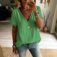 Women's Casual Patchwork Hollow-Out Lace V-Neck Short-Sleeve Top