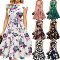 Elegant Round-neck Sleeveless Tie-waist Printed Dress