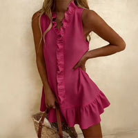 Womens Casual Cotton-Linen Solid-Color Dress With Ruffle Hem