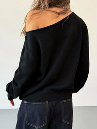 Womens Knitted Top With Rivet-Embellished Slanted Shoulders And Long Sleeves