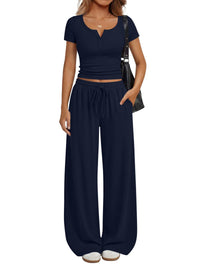 Women's Loungewear Short-Sleeve Top And Wide-Leg Pants Set