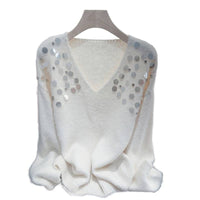 Heavy Embroidery Sequins Diamond V Neck Pullover Lazy Sweater