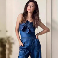 Slim-fit Women's Off-shoulder Blue Denim Flower Jumpsuit