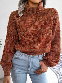 Women Mixed Color Lantern Sleeve Turtleneck Knit Sweater