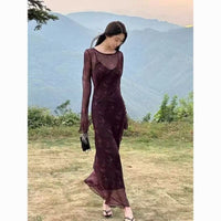 Womens Purple Mesh Flared-Sleeve Floral Slip Dress