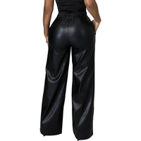 Women's Fashion Solid Color Loose Wide Leg Pocket PU Leather Pants