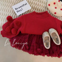 Girls' Pullover Spring And Autumn New Children's Western Style Baby Girl Pink Lantern Sleeve Fur Ball Sweater