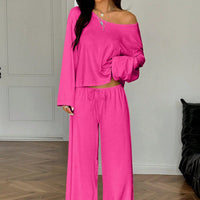 Womens Solid-Color Casual Off-the-Shoulder Long-Sleeve Pants
