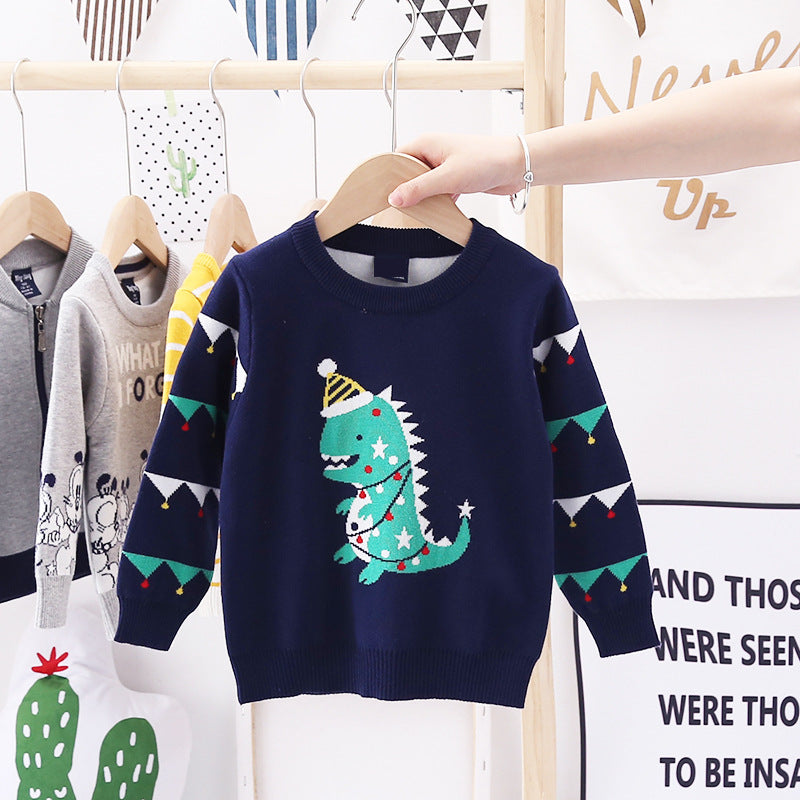 Christmas dinosaur jacquard double padded sweater