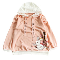 College Style Versatile Cartoon Soft Girl Cute Rabbit Print Wide Hooded Long Sleeve Sweater Woman