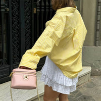 Casual Loose And Simple Style Button Cardigan Striped Contrast Color Top Shirt For Women