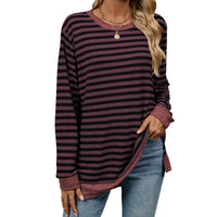 Women's Striped Contrasting Color Crew Neck Long Sleeve Top