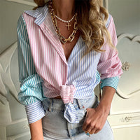 Womens Striped Printed Single-Breasted Long-Sleeve Shirt