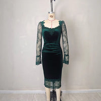 Womens French-style Chic Velvet And Lace Panelled Waist-Cinching Dress