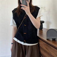Round Neck Horn Button Knitted Cardigan Vest