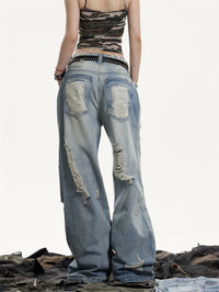 American Retro Washed Make Old Ripped Jeans Women's High Waist Loose Drooping