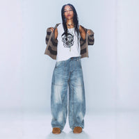 Womens Retro Washed Distressed Scimitar Jeans