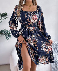 Women's Elegant Floral Print Square Neck Long Sleeve Tie Waist Ruffle A-Line Dress
