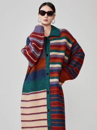 American Retro Color Stripes Long Sweater Coat Women