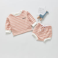 Treasure Long-sleeved Striped Top And Shorts Two-piece Set