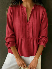 Casual Solid-color V-neck Long-sleeve Striped Cotton-linen Top