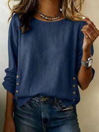 Summer Solid Color Round Neck Casual Loose Cotton And Linen Top For Women