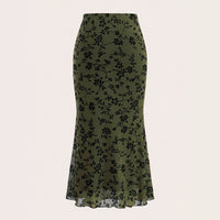 Dark Green Floral Half-length Fishtail Skirt For Women