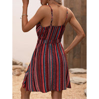 Striped Wrap Style V Neck Slip Dress With Thin Shoulder Straps And Elastic Back Straps