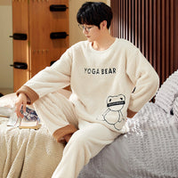 Coral Velvet Pajamas Men's Winter Thicken Thermal Pullover Round Neck Flannel Home Wear