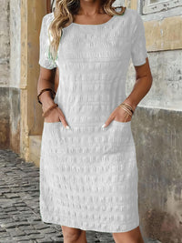 Solid-color Crewneck Woven Non-stretch Womens Dress
