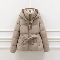 Womens Slimming Figure Hugging Cotton Coat With A Defined Waist Hood And Drawstring